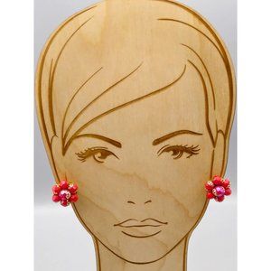 Vintage Lustrous Red Cluster Earrings, Unique Clip Ons from Mid Century Hong Kon